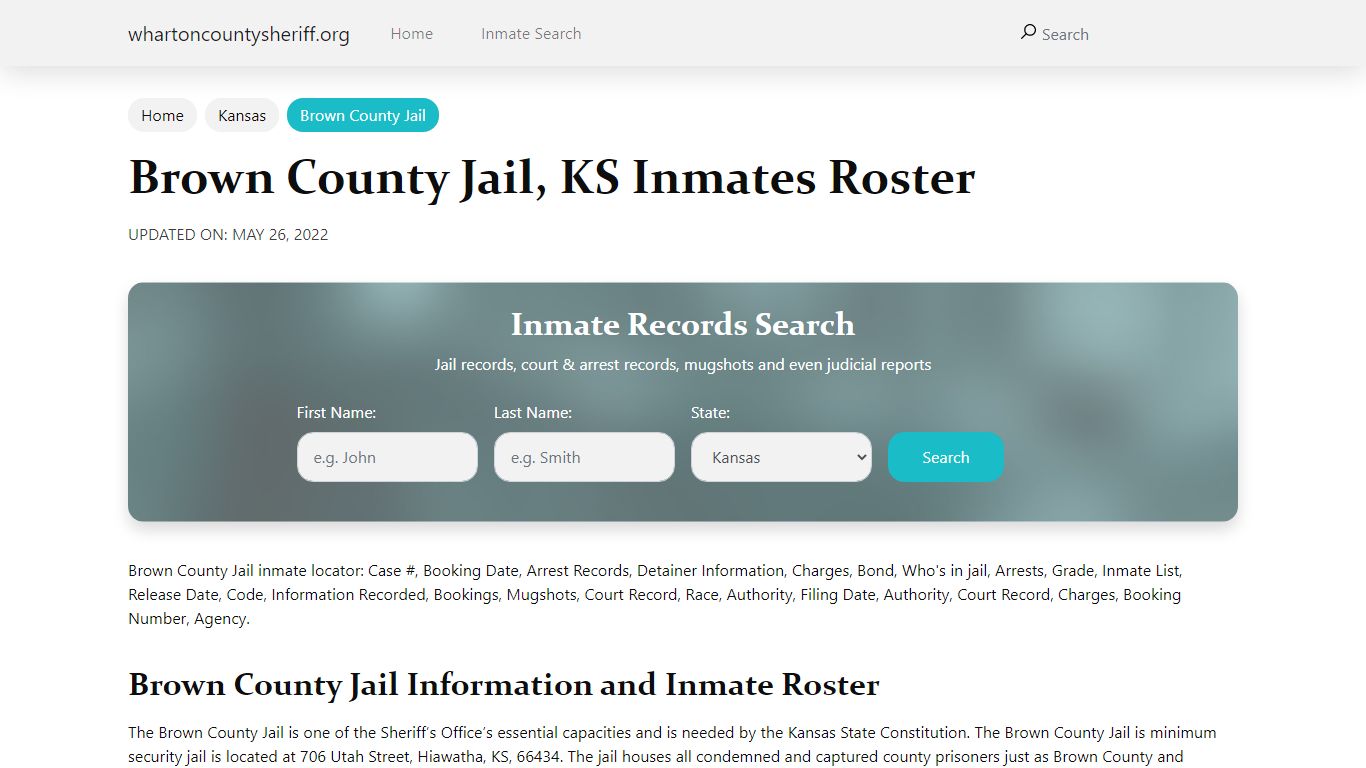 Brown County Jail, KS Jail Roster, Name Search